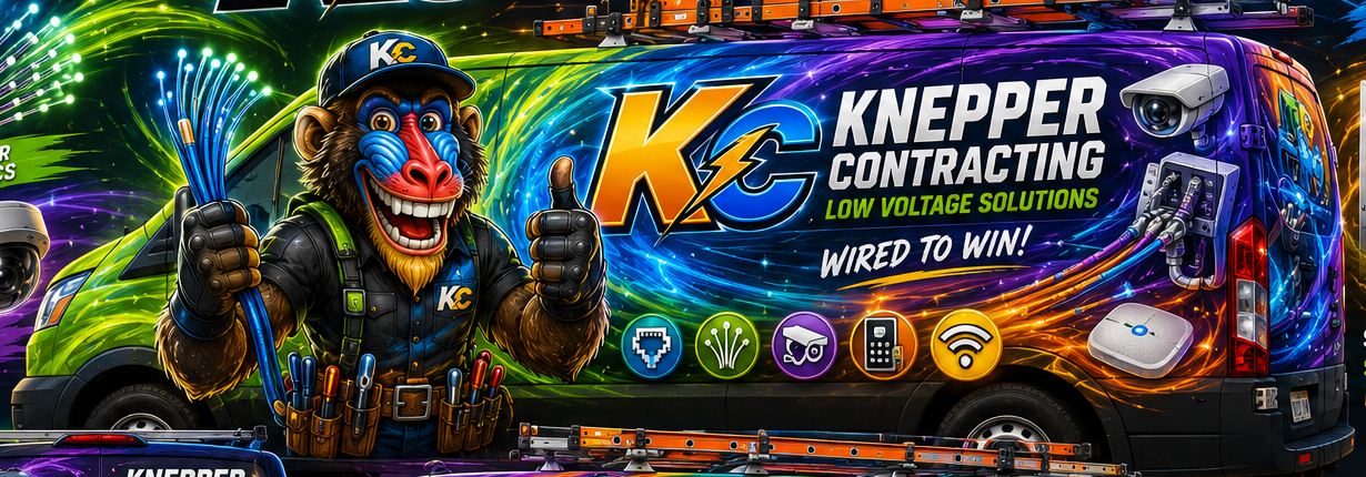 The wrapped Knepper Contracting van, KC mark and service icons on the panel