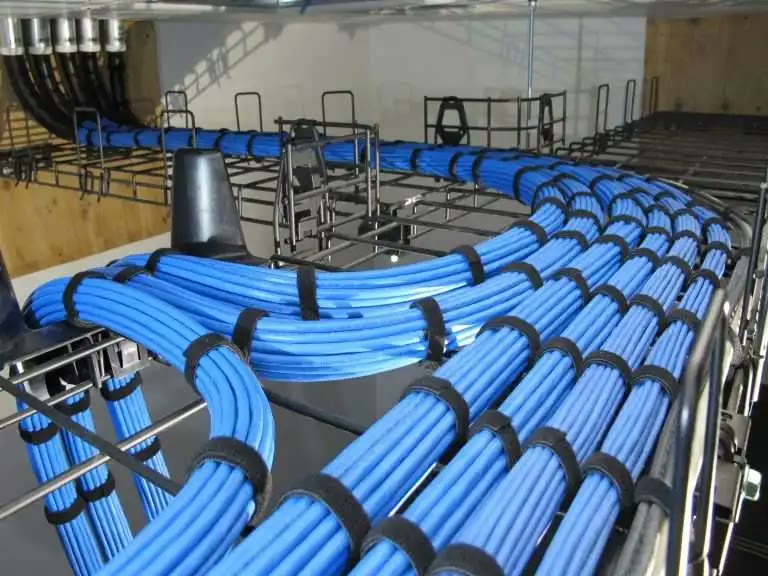 Overhead cable-tray shot: bundled blue runs across ladder rack under a wood-frame ceiling.