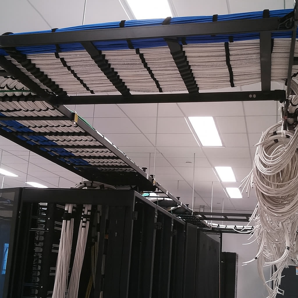 A main distribution frame room with cable ladder racks feeding stacked server racks