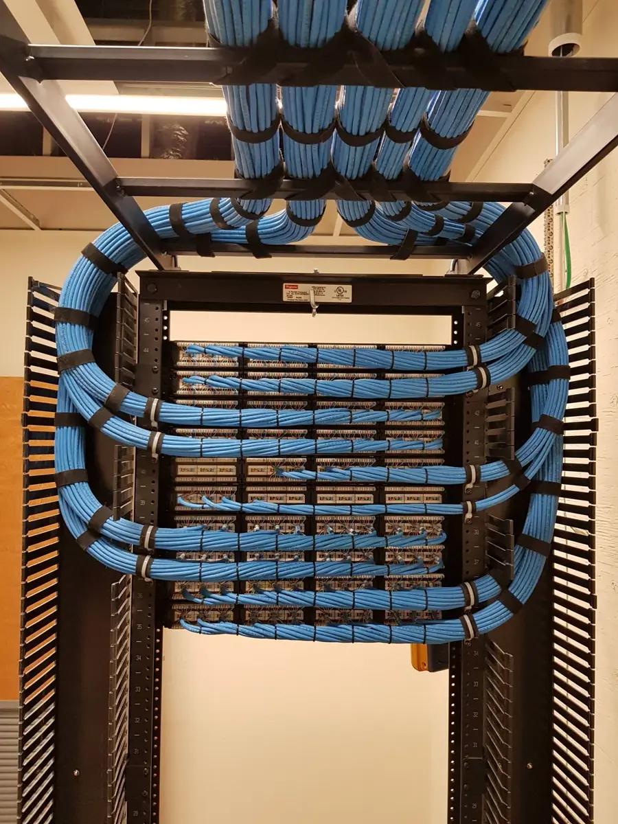 Dressed patch-panel and punch-down field, blue Cat cable looping from tray to terminations.