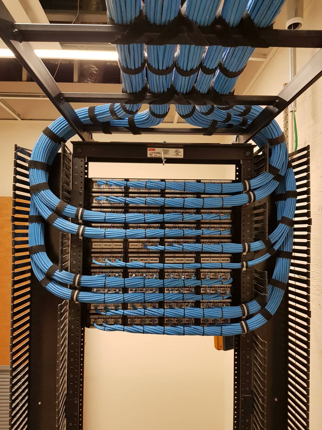 A dressed patch-panel field with blue Cat cable looping from a tray to the terminations
